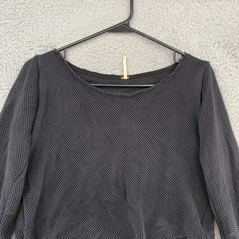 Free People Top Womens Small Crop Boxy Mesh Grunge Long Sleeve Slouchy Black‎
